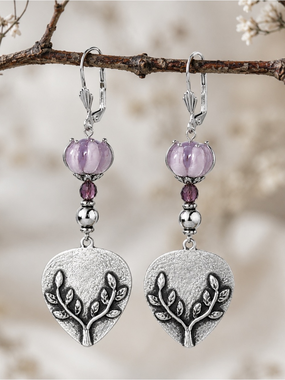 Lampwork Lotus Flower Tree of Life Earrings Lavender Statement Dangles